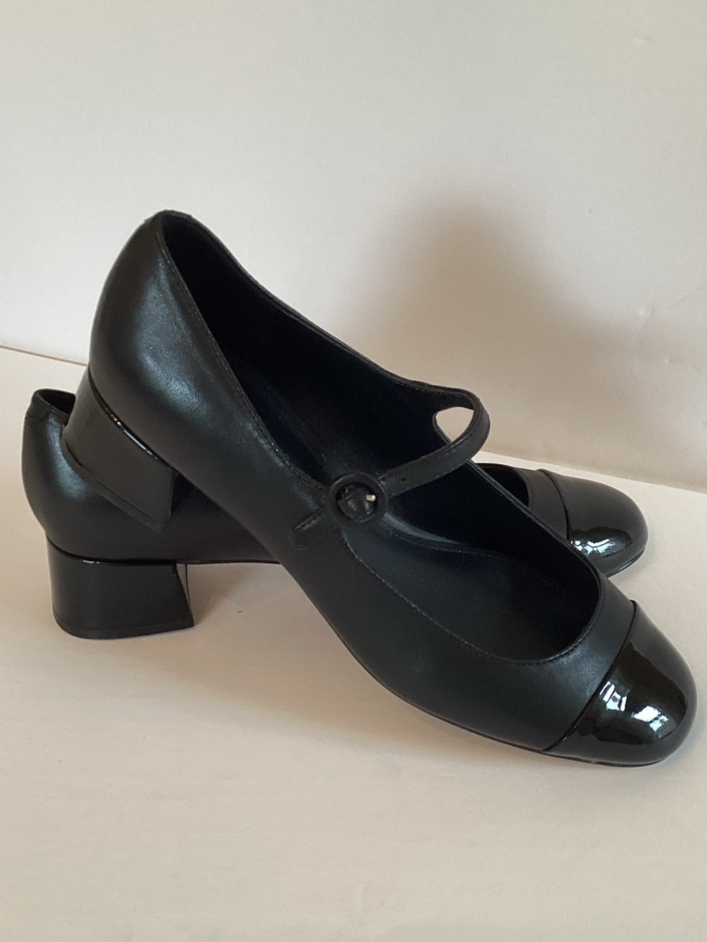 Marc Fisher Black Mary Jane Block Heel Pump with Patent Cap Toe